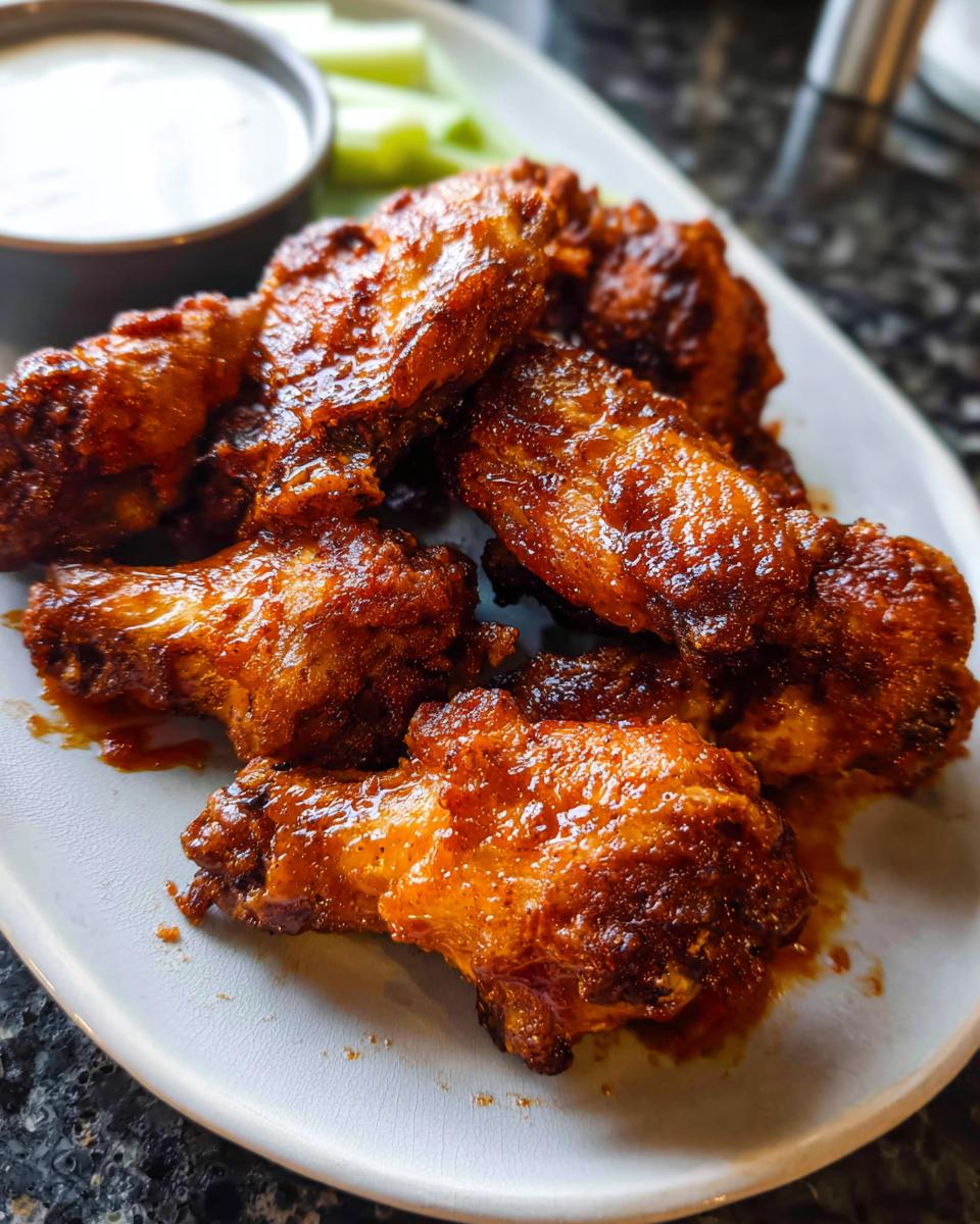 Close-up of a plate of delicious, glazed chicken wings with celery sticks and a dipping sauce.