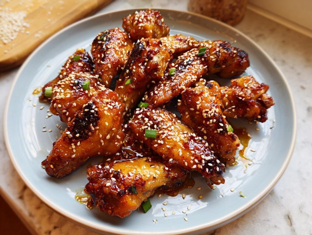 A plate of glossy, glazed chicken wings topped with sesame seeds and green onions, perfect for chicken wings recipes meal prep.