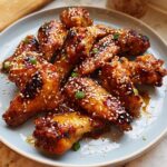 A plate of glossy, glazed chicken wings topped with sesame seeds and green onions, perfect for chicken wings recipes meal prep.