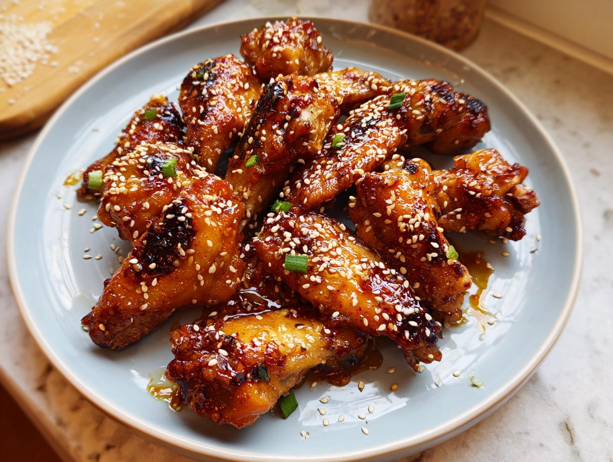 A plate of glossy, glazed chicken wings topped with sesame seeds and green onions, perfect for chicken wings recipes meal prep.