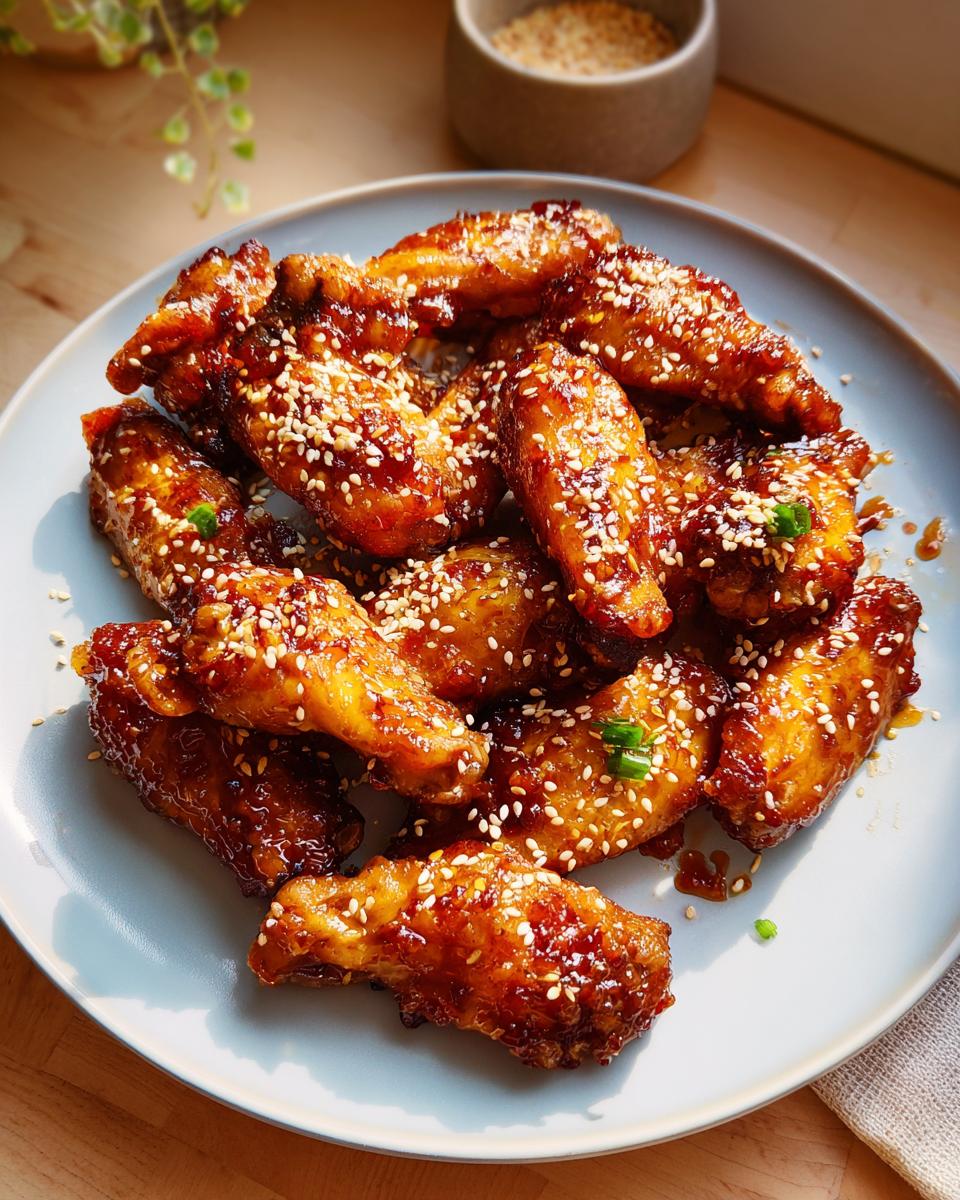 A plate full of glossy, glazed chicken wings topped with sesame seeds and chopped green onions, perfect for a meal prep.
