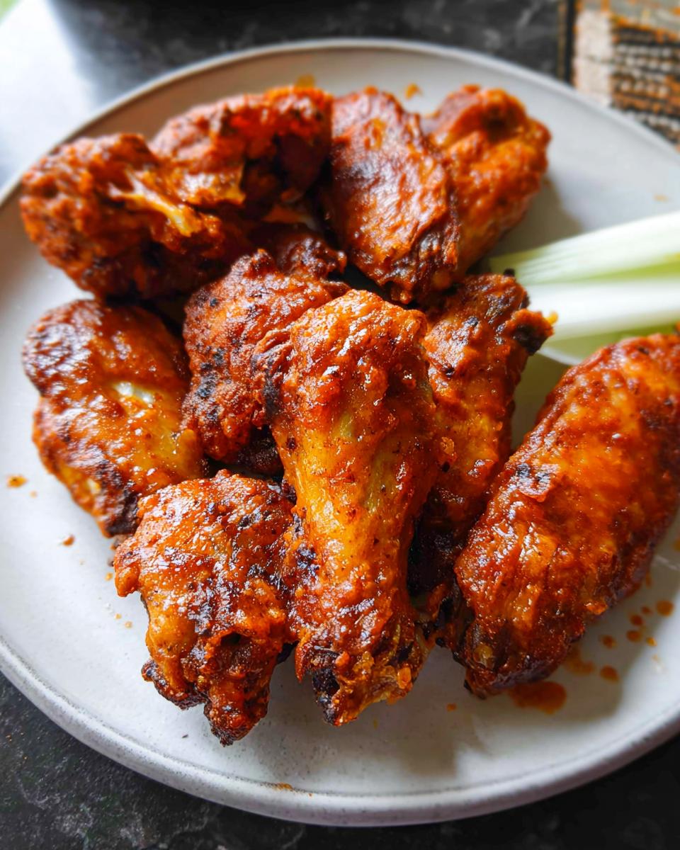 A plate of perfectly cooked, saucy chicken wings served with celery sticks. This chicken wings recipe is a crowd-pleaser.