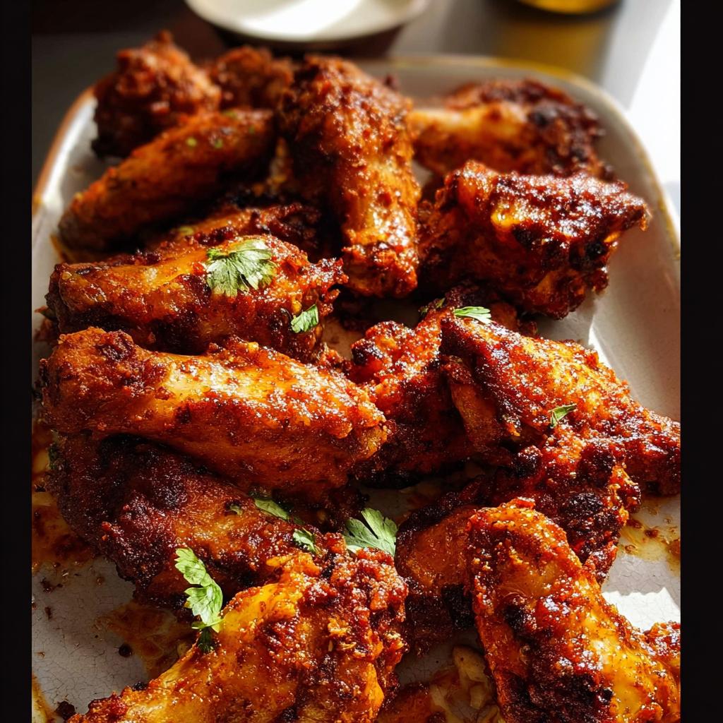 A close-up of a platter of crispy, seasoned chicken wings, garnished with fresh parsley.