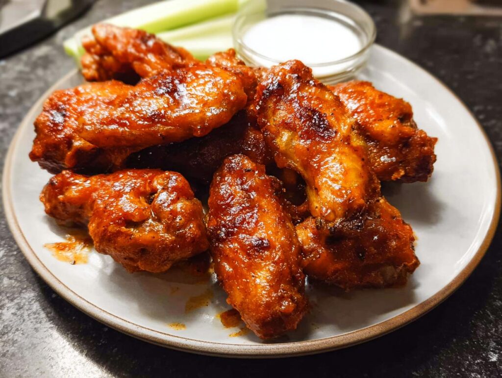 A plate of delicious chicken wings recipe coated in a glossy sauce, served with celery sticks and a small bowl of dip.