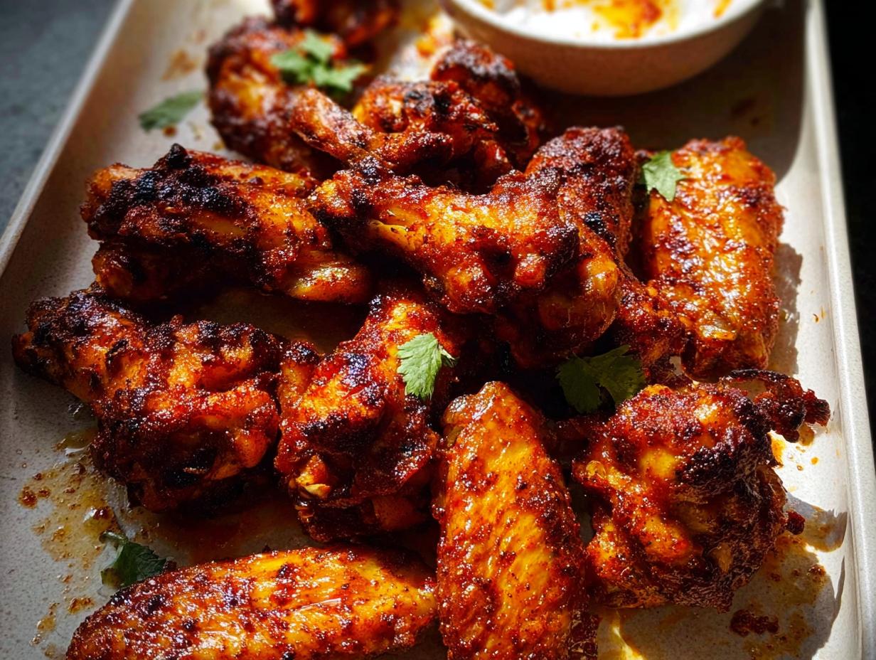 Close-up of a platter of spicy, roasted chicken wings, seasoned with herbs and spices.