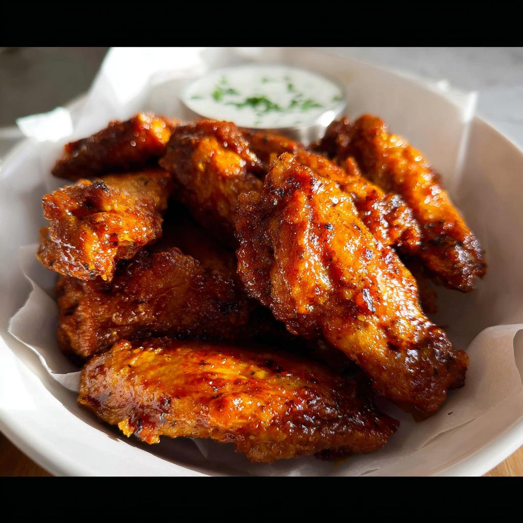 A close-up shot of crispy, glazed chicken wings served with a side of dipping sauce.