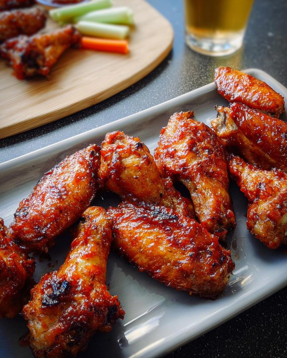 Close-up of glossy, glazed chicken wings, a perfect example of delicious chicken wings recipes.