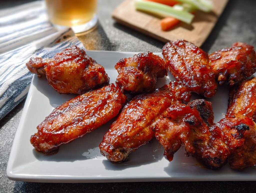 A plate of glossy, glazed chicken wings, perfect for a quick and satisfying meal.