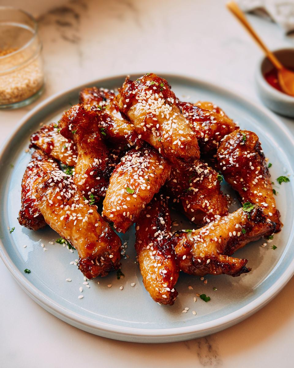 A plate of glossy, glazed chicken wings topped with sesame seeds, perfect for chicken wings recipes meal prep.