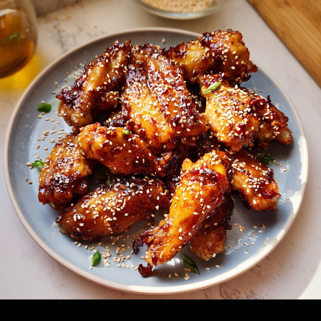 A plate of glazed chicken wings with sesame seeds, perfect for chicken wings recipes meal prep.