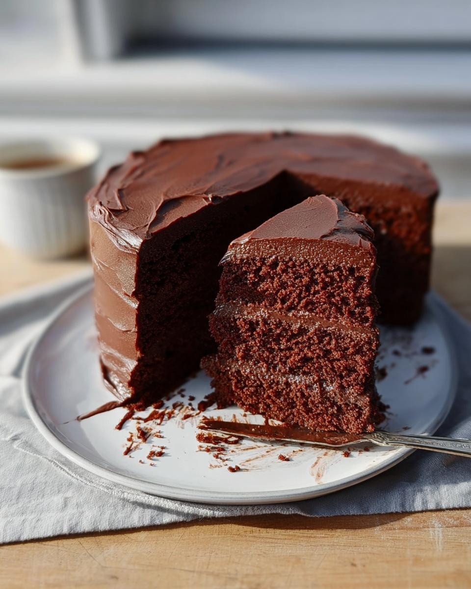 A slice of rich chocolate cake with smooth chocolate frosting, part of 7-Ingredient Cake Ideas Recipes.