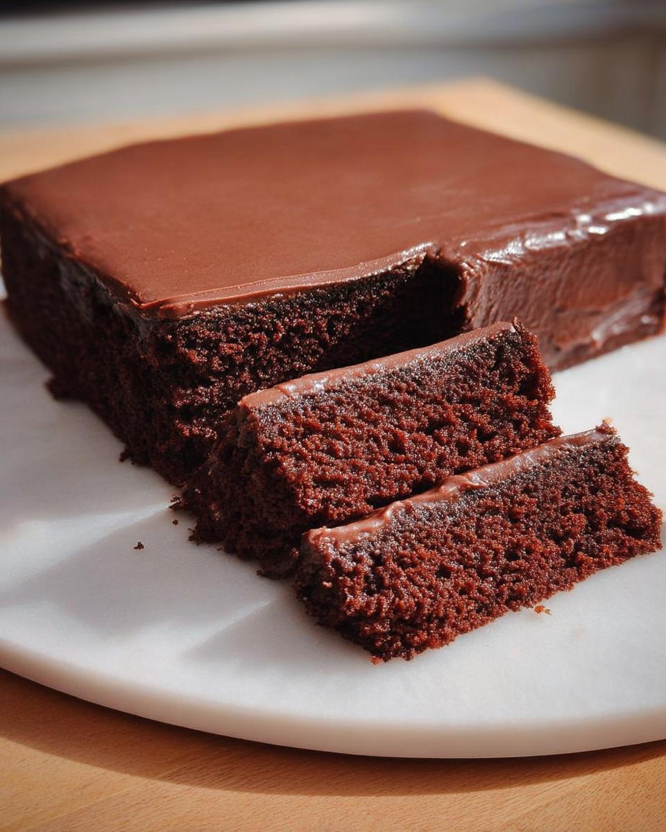 A rich chocolate cake with smooth frosting, sliced to reveal its moist crumb, perfect for cake ideas recipes.