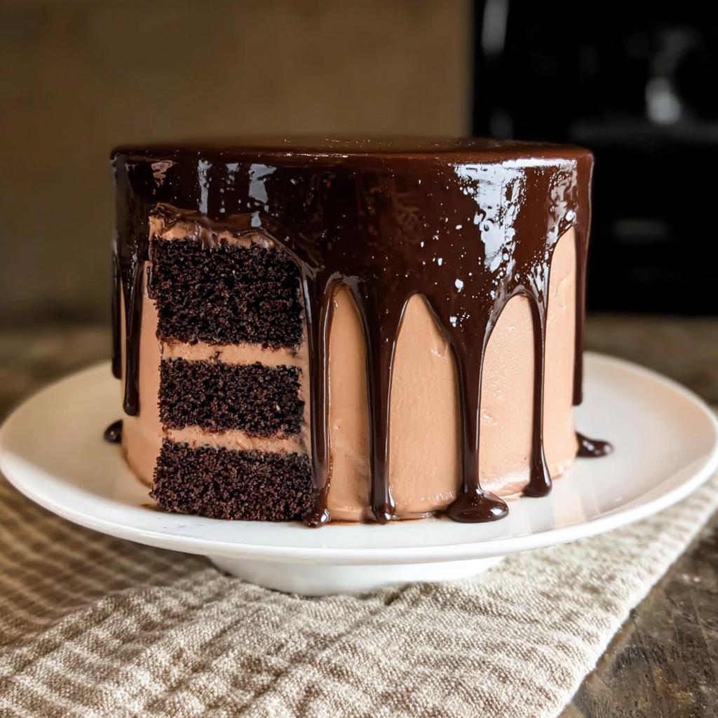 A slice of rich chocolate cake with layers of chocolate frosting and a dark chocolate ganache drip.