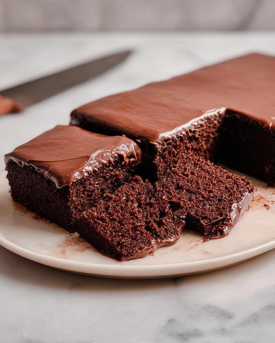 A rich, moist slice of chocolate cake with glossy chocolate frosting, part of our cake ideas recipes.