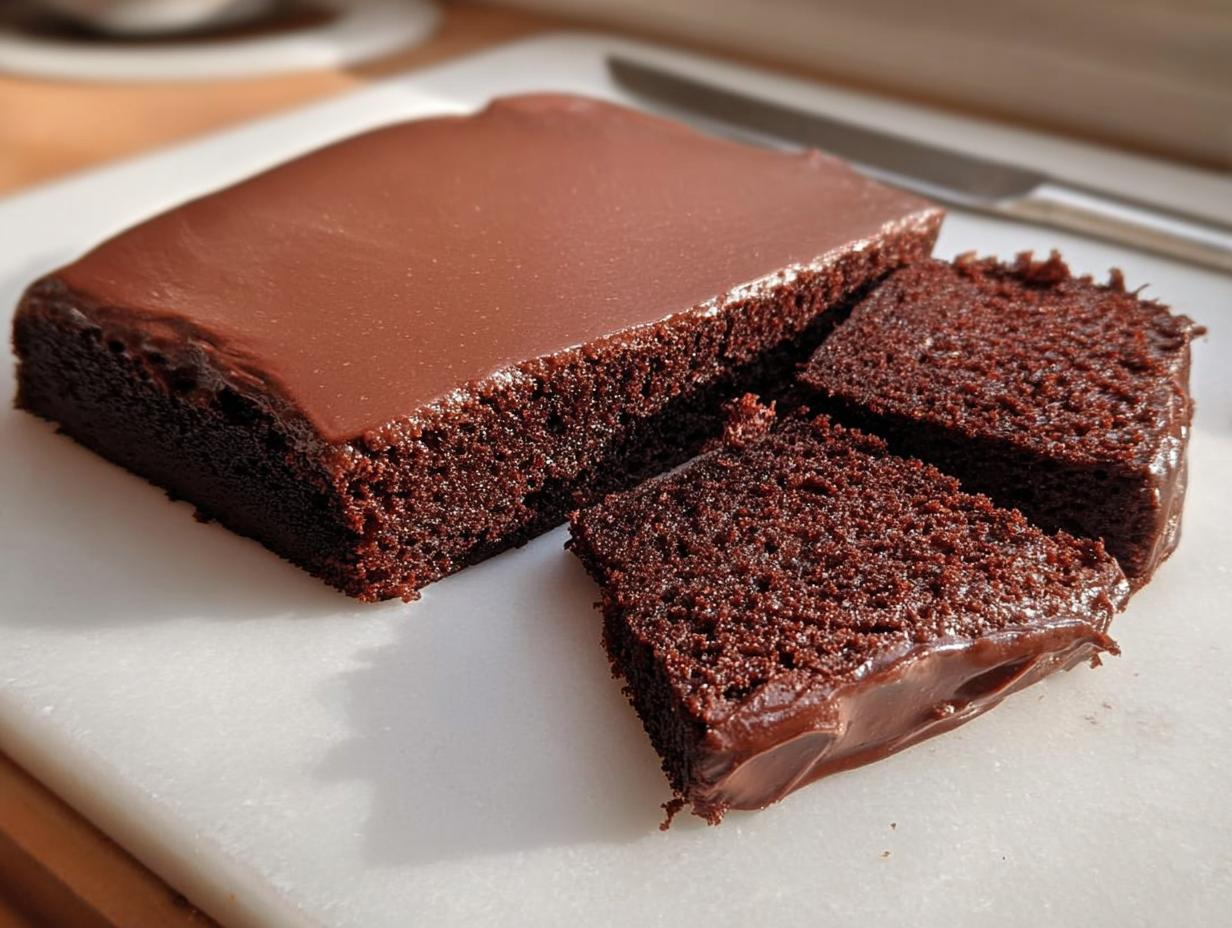 A close-up of a rich chocolate cake, sliced into portions, showcasing its moist texture and glossy frosting.