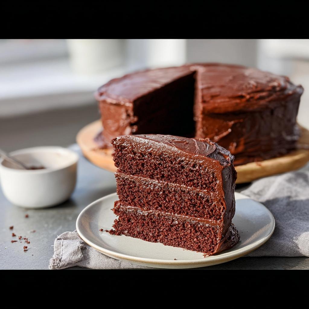 A decadent slice of chocolate cake with rich frosting, part of 7-Ingredient Cake Ideas Recipes.