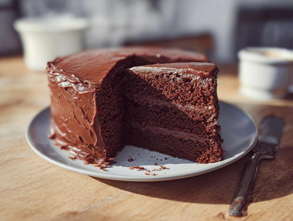 A slice of rich, moist chocolate cake with decadent chocolate frosting, part of 7-Ingredient Cake Ideas.