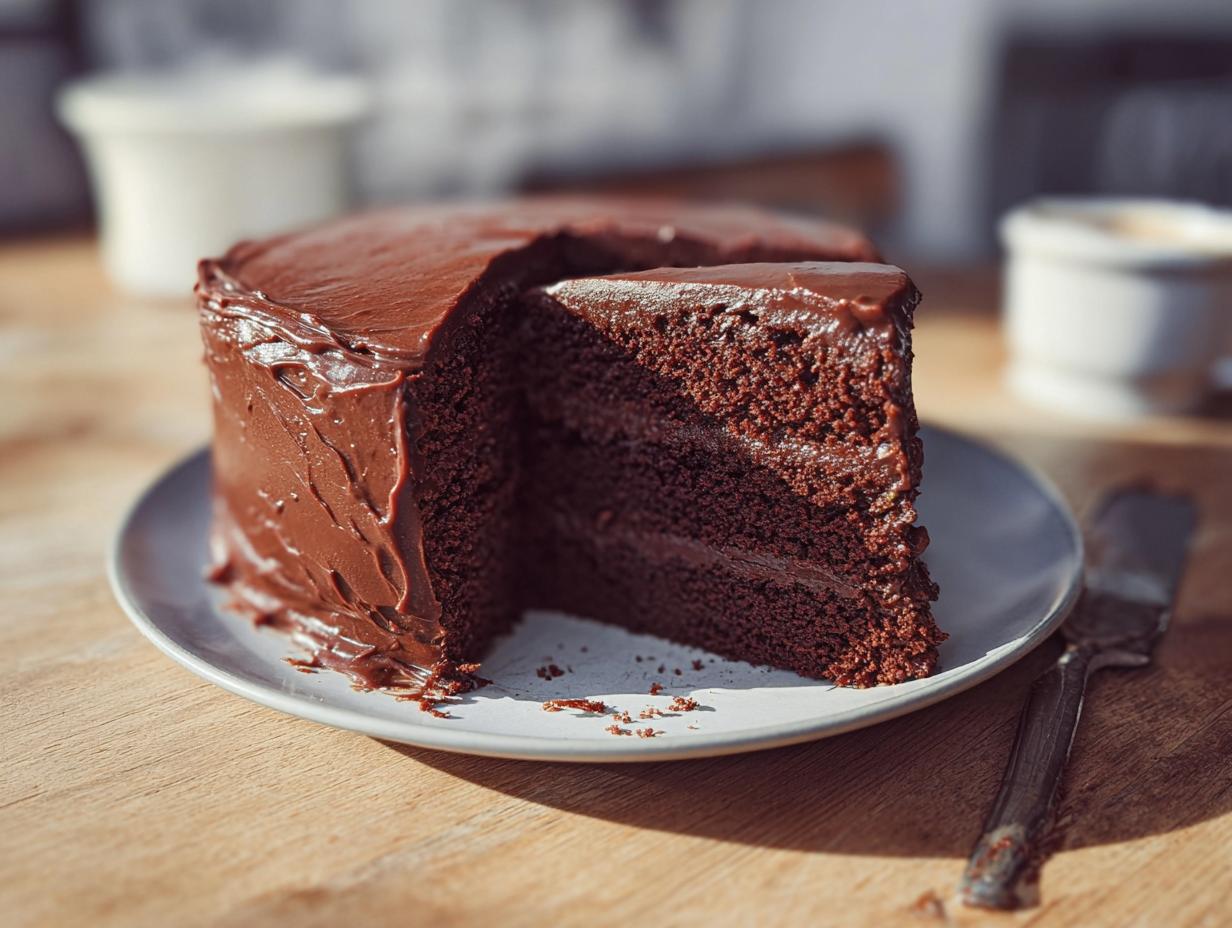 A slice of rich, moist chocolate cake with decadent chocolate frosting, part of 7-Ingredient Cake Ideas.