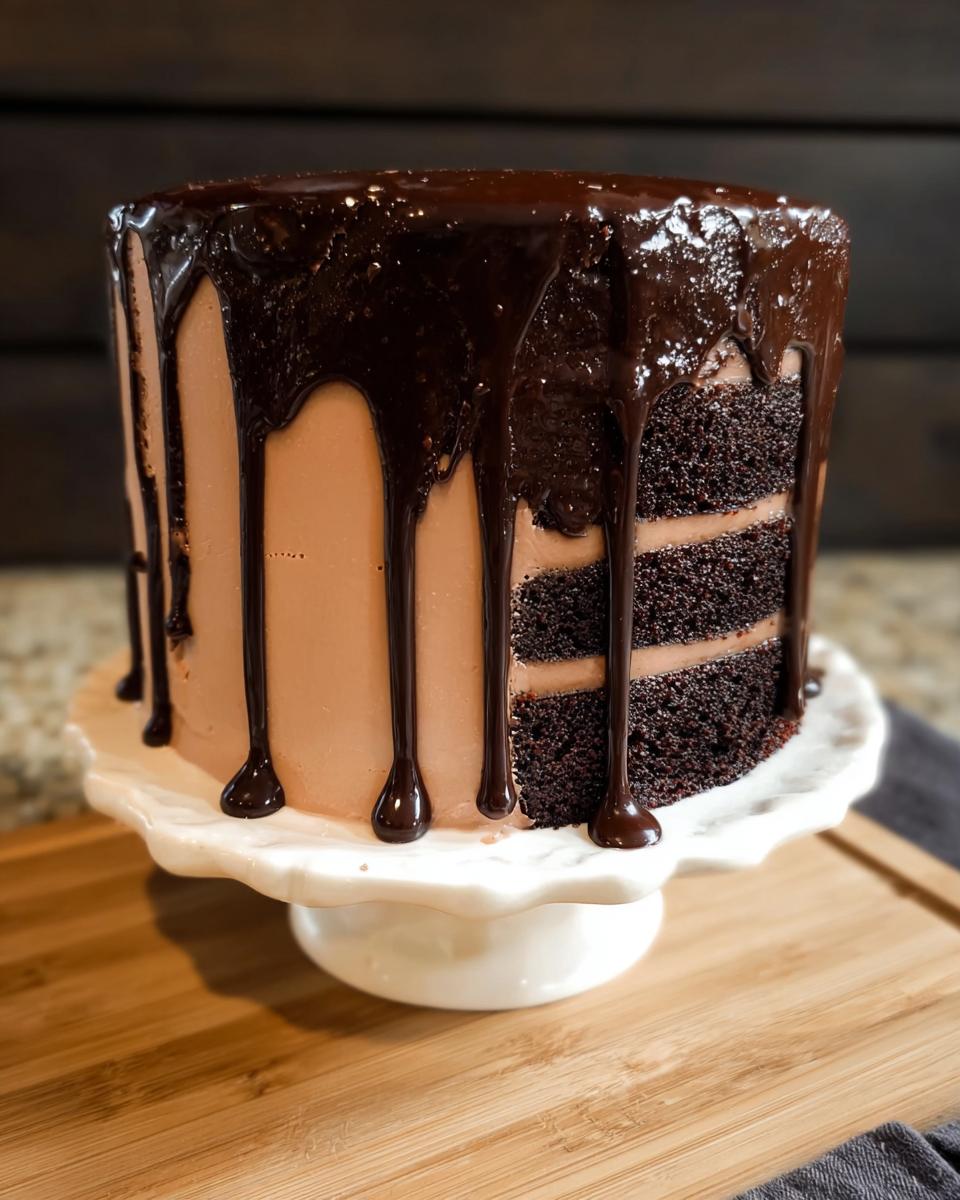 A decadent chocolate drip cake with layers of chocolate cake and frosting, topped with rich chocolate ganache.