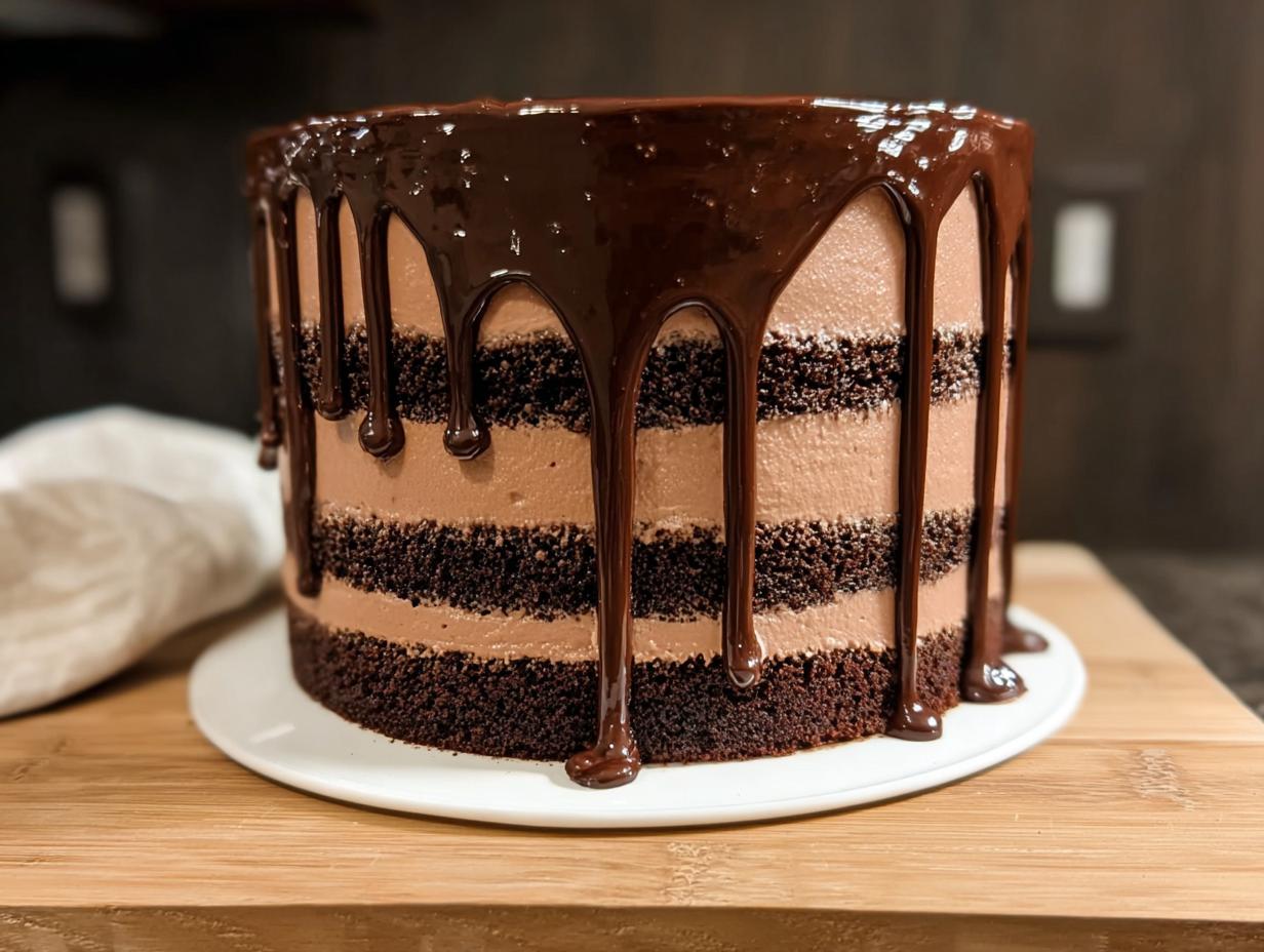 A decadent chocolate drip cake with layers of chocolate cake and frosting, perfect for cake ideas recipes.