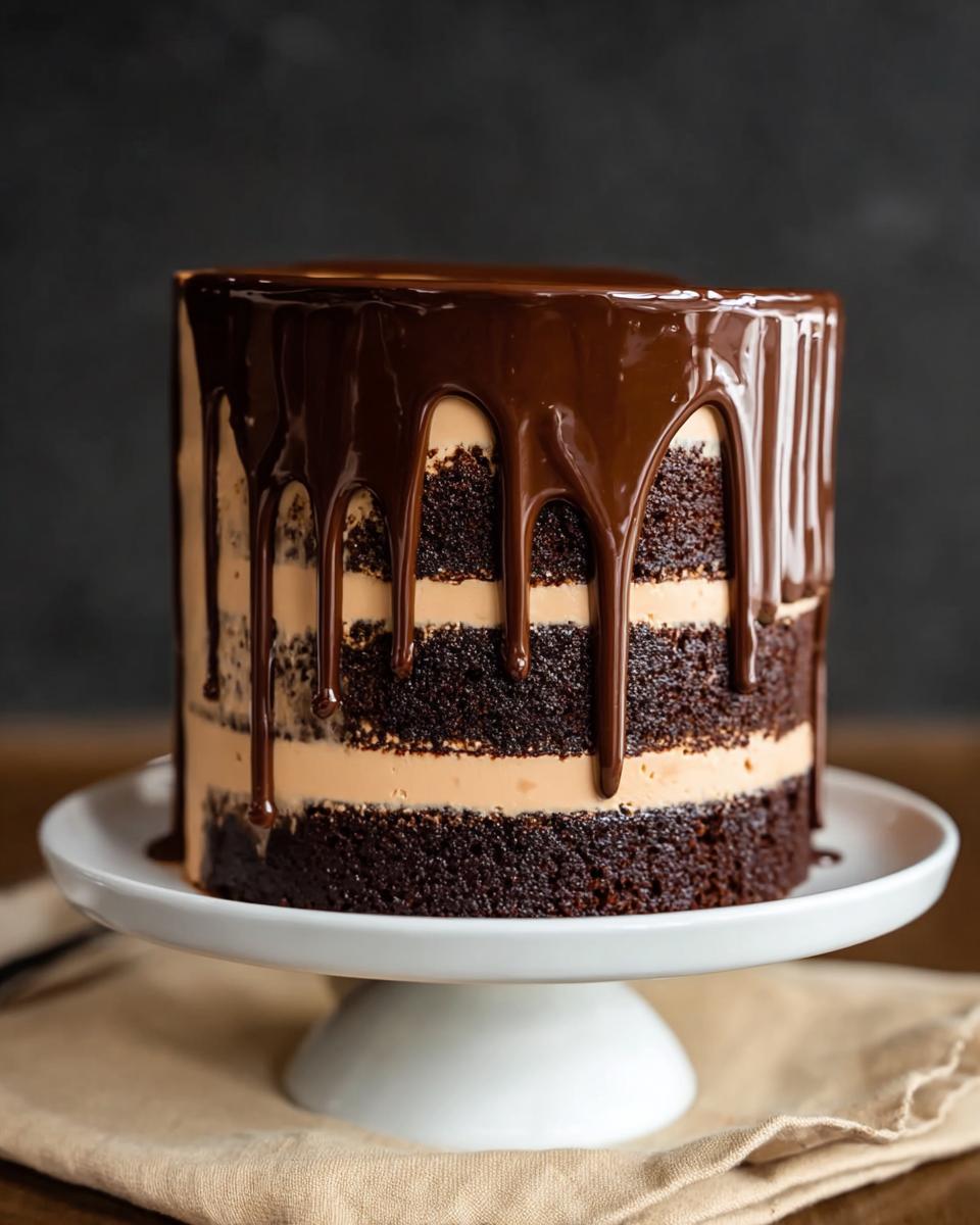 A decadent chocolate cake with layers of chocolate sponge and caramel frosting, topped with a rich chocolate ganache drip.