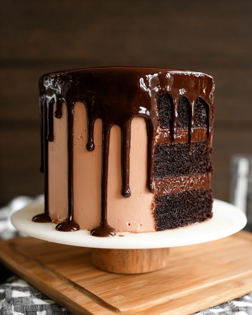 A decadent chocolate cake with rich chocolate frosting and ganache drip, showcasing layers of chocolate cake.