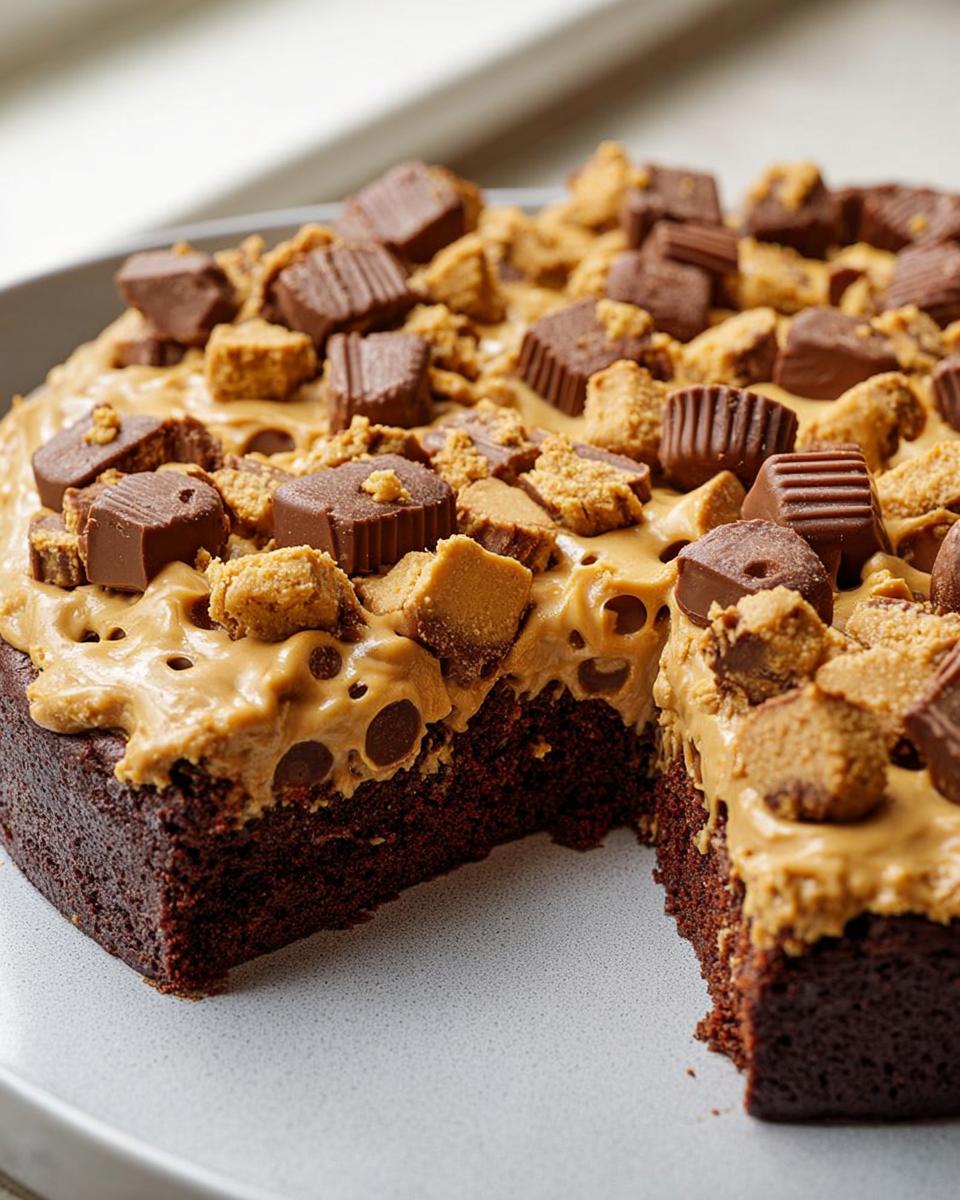 A rich chocolate cake topped with peanut butter frosting and chopped peanut butter cups, a perfect cake idea for quick recipes.