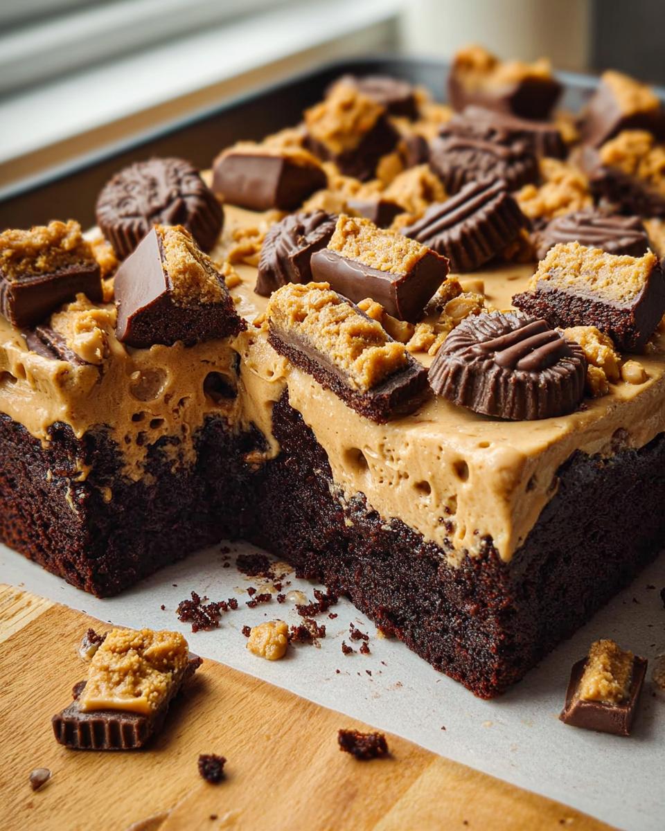 A rich chocolate cake topped with creamy peanut butter frosting and chopped peanut butter cups, perfect for cake ideas recipes.