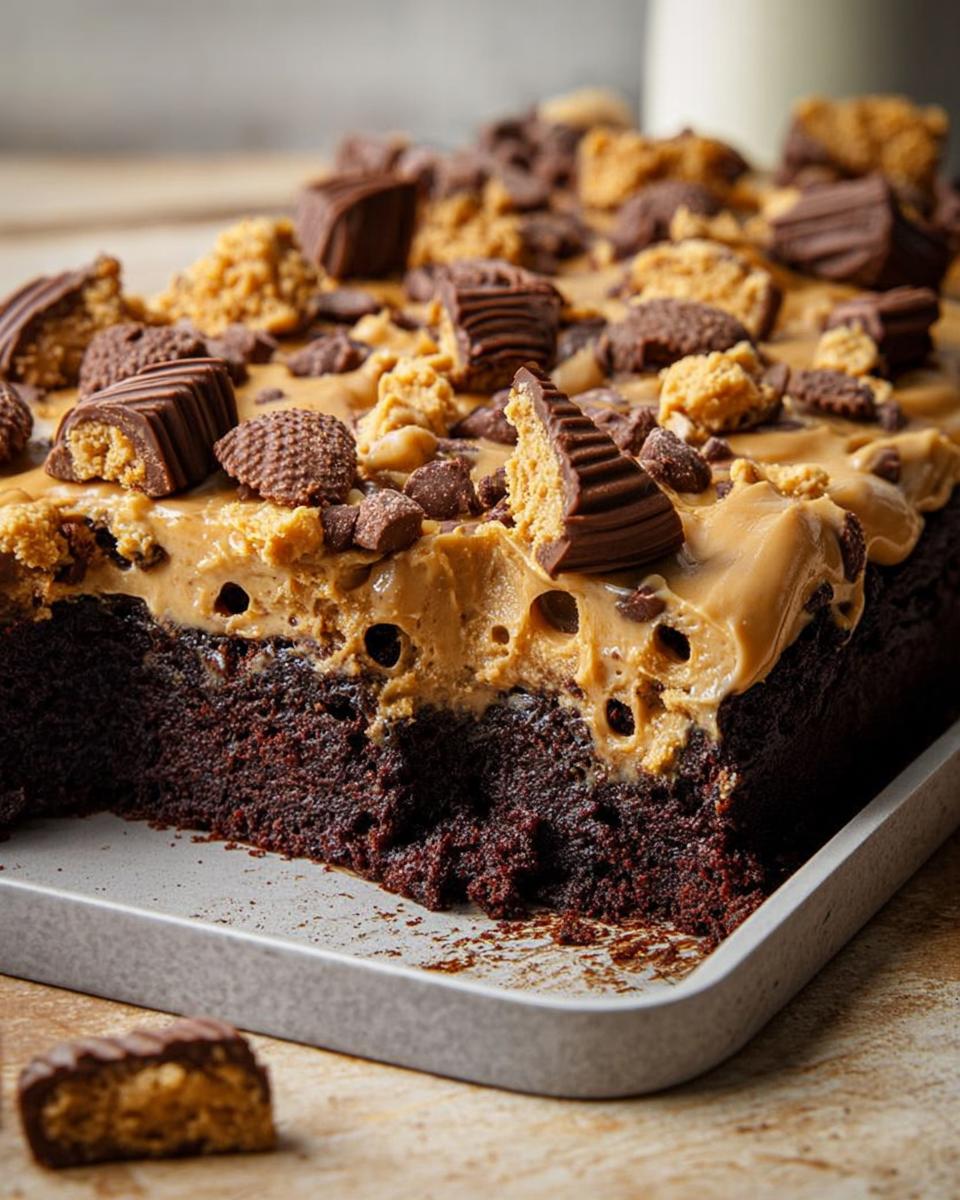 A rich chocolate cake with peanut butter frosting, topped with chopped peanut butter cups and cookie crumbles. A quick cake idea recipe.