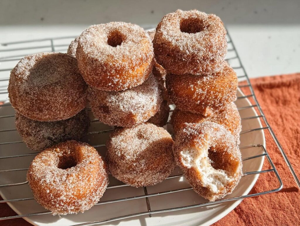 A pile of freshly made cinnamon sugar donuts, a perfect breakfast idea, with one donut showing a bite taken out.