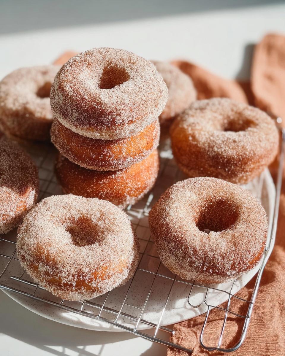A stack of freshly made cinnamon sugar donuts, a perfect addition to breakfast ideas recipes.