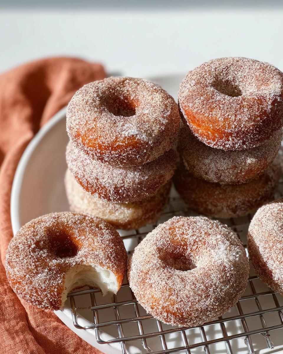 A stack of freshly made cinnamon sugar donuts, with one donut showing a bite taken out.