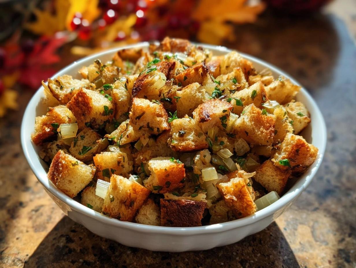 A close-up of a white bowl filled with homemade stuffing, featuring toasted bread cubes, celery, and herbs.