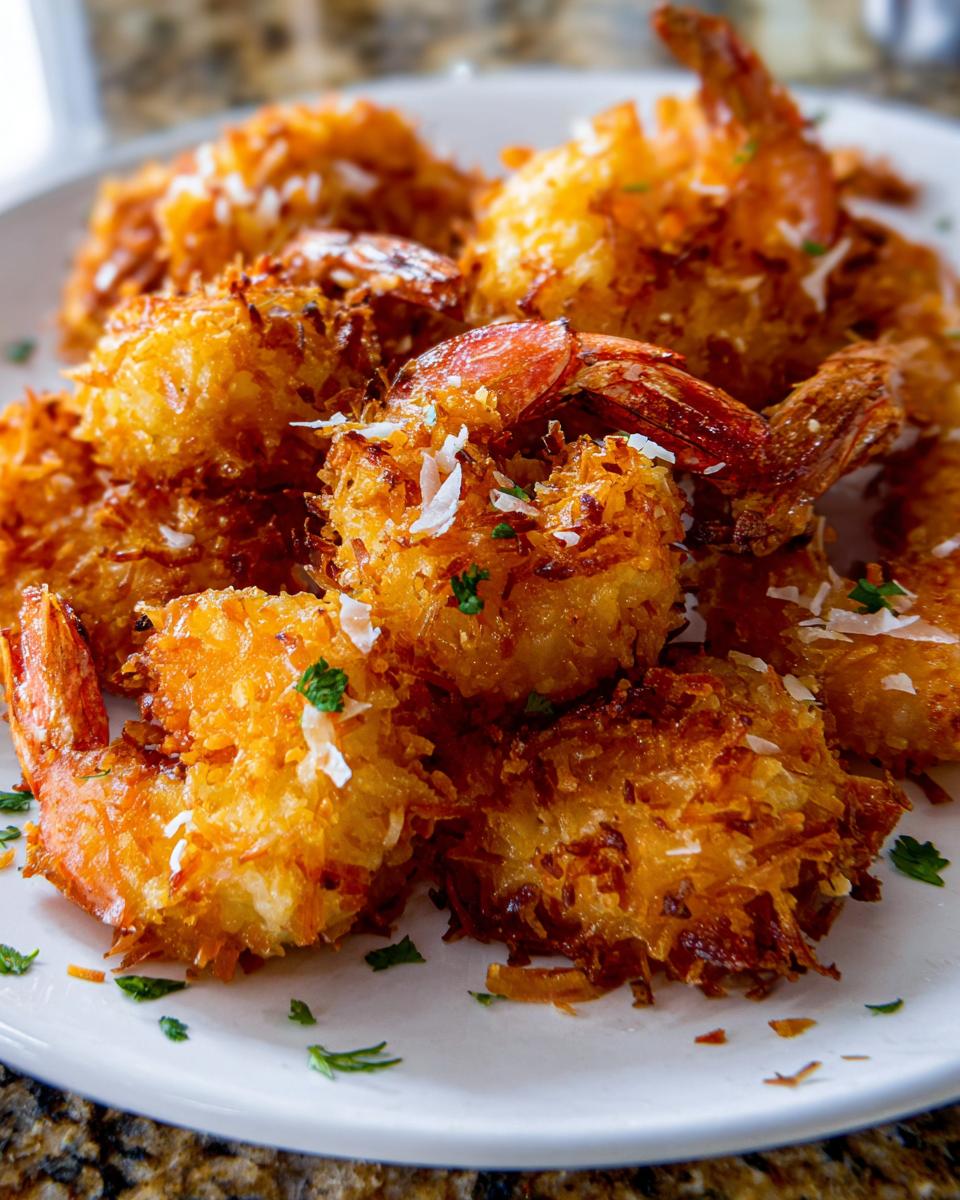 Close-up of crispy coconut shrimp recipe on a white plate, garnished with shredded coconut and parsley.