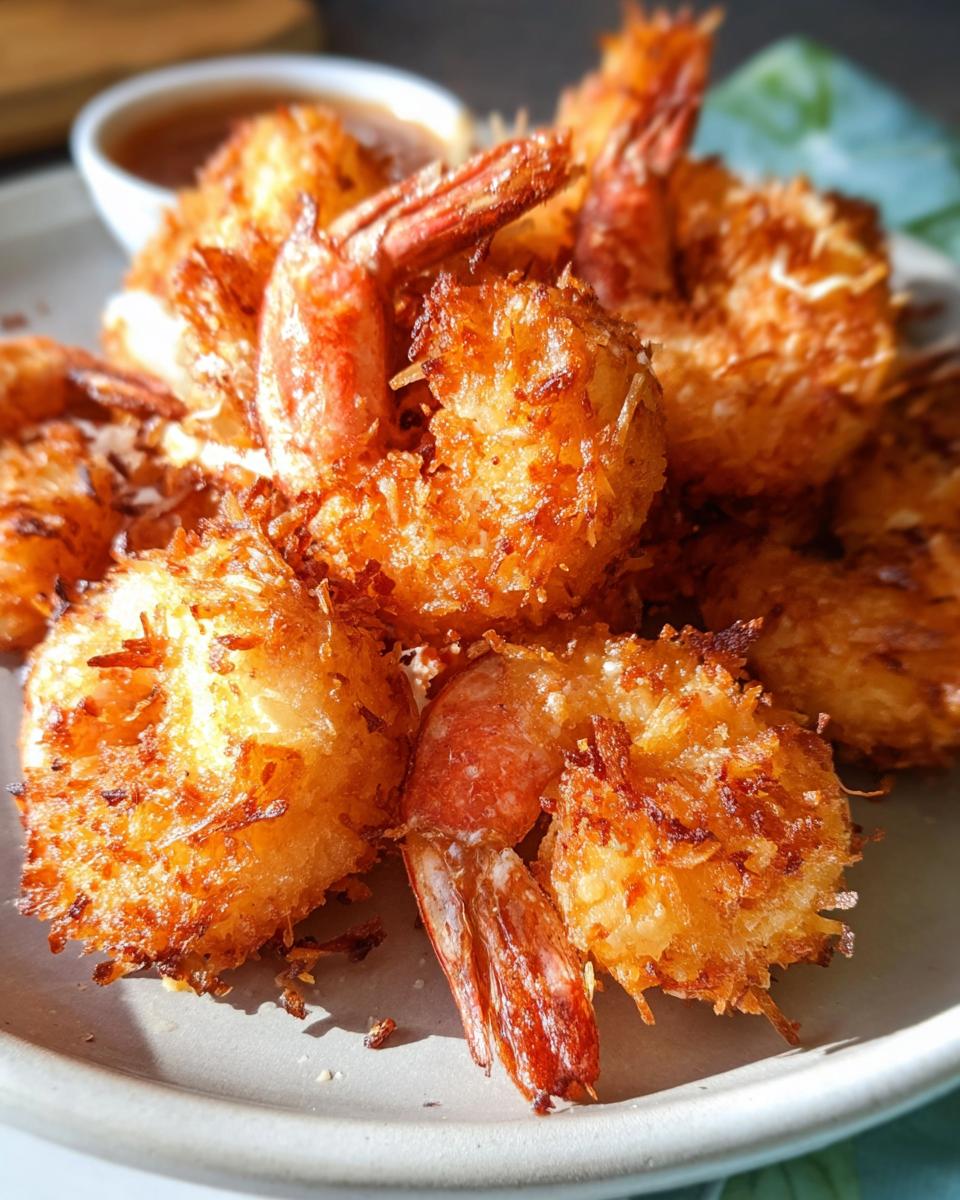 Close-up of golden-brown crispy coconut shrimp served on a plate with a dipping sauce.
