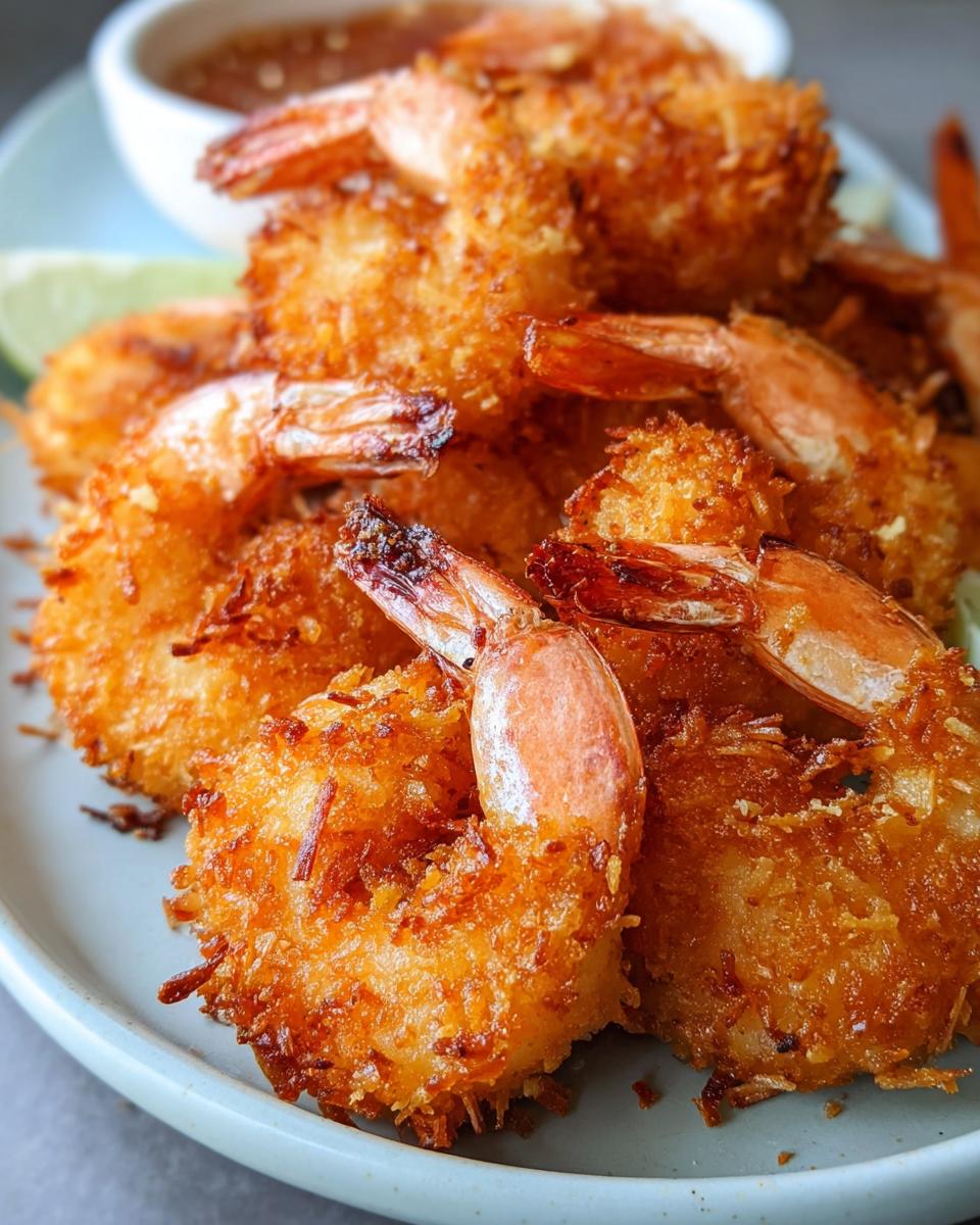 Close-up of golden brown, crispy coconut shrimp served with lime wedges and a dipping sauce.