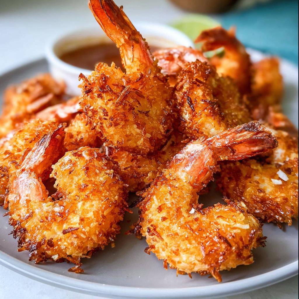 A plate of golden-brown, crispy coconut shrimp, a delicious shrimp recipe for busy weeknights.