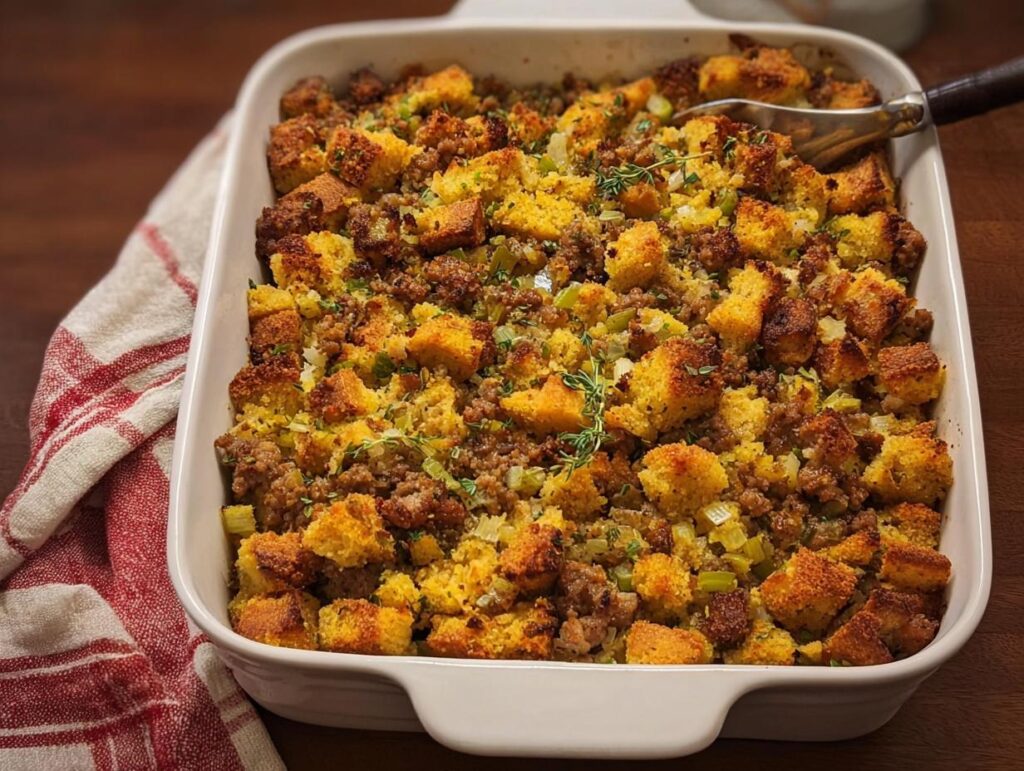 A close-up of a baking dish filled with delicious cornbread stuffing, featuring sausage, celery, and herbs.
