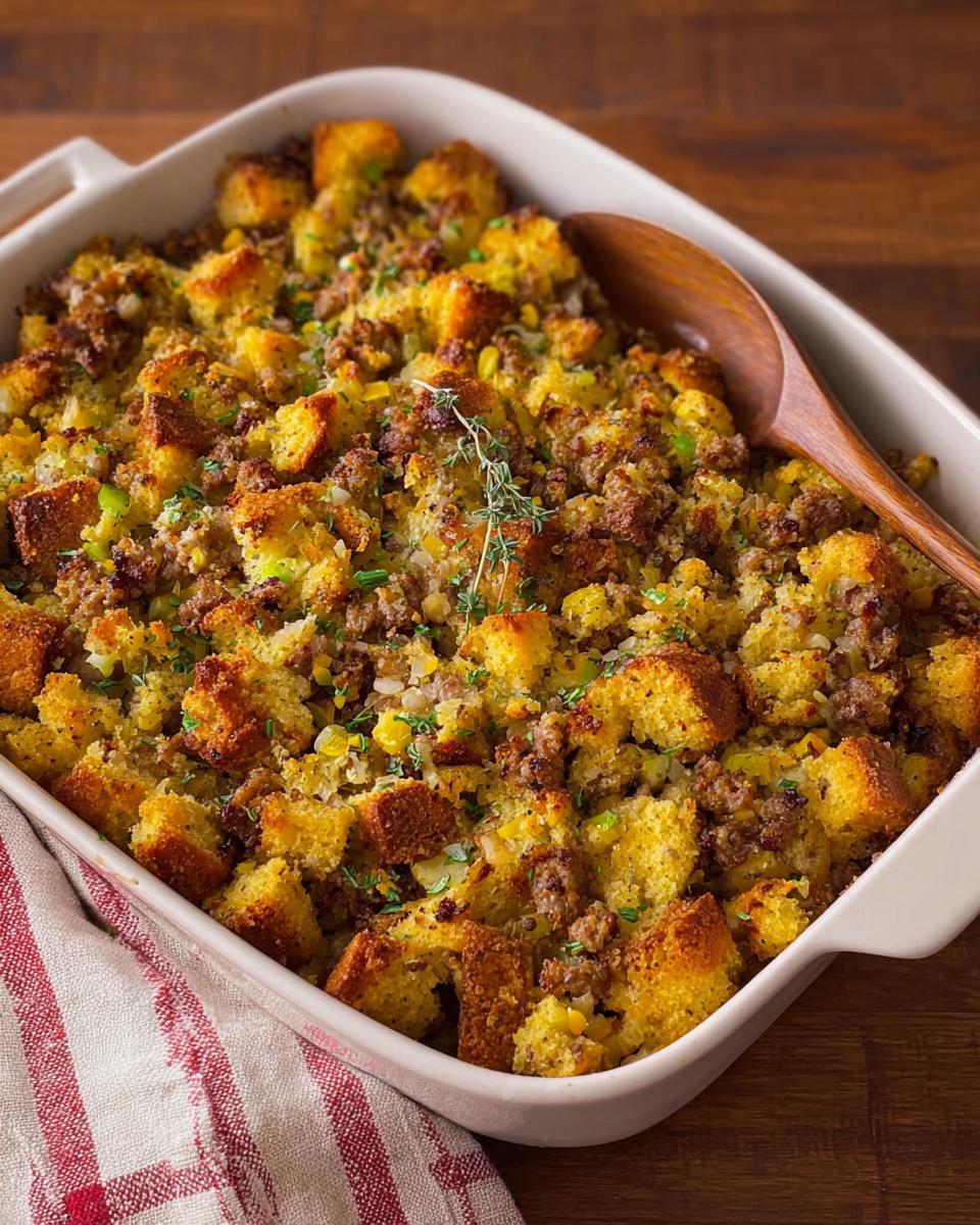 A close-up of a baking dish filled with cornbread stuffing, featuring crumbled sausage, corn, and herbs.