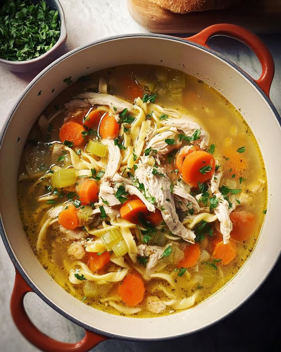 A steaming pot of homemade chicken noodle soup with shredded chicken, carrots, celery, and wide noodles.