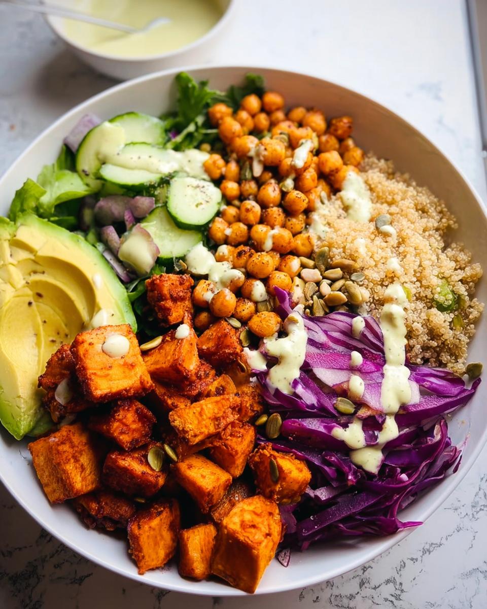 A vibrant and healthy rice bowl recipe featuring quinoa, roasted sweet potatoes, chickpeas, avocado, cucumber, and red cabbage, drizzled with dressing.