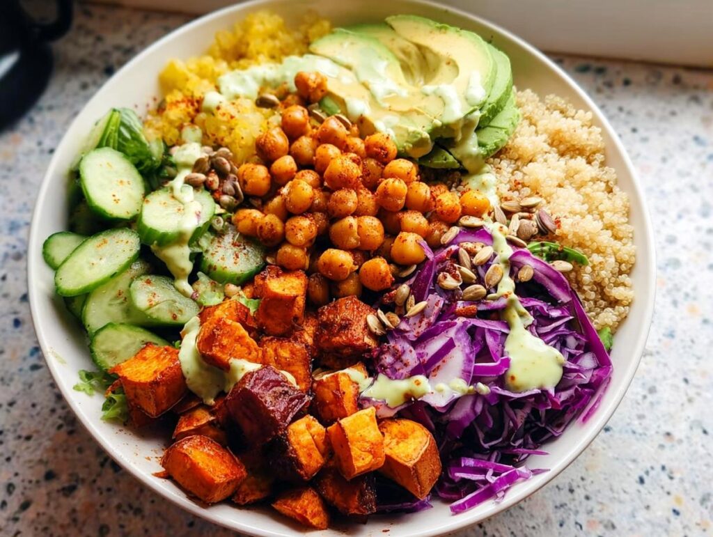 A vibrant and colorful rice bowl recipe featuring quinoa, roasted sweet potatoes, chickpeas, cucumber, avocado, and red cabbage.