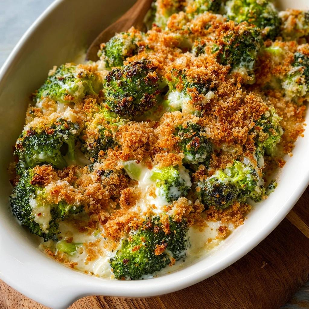 Close-up of a creamy broccoli casserole topped with golden toasted breadcrumbs, a perfect veggie side dish.