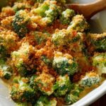 Close-up of a creamy broccoli casserole with a golden breadcrumb topping, a perfect veggie side dish.