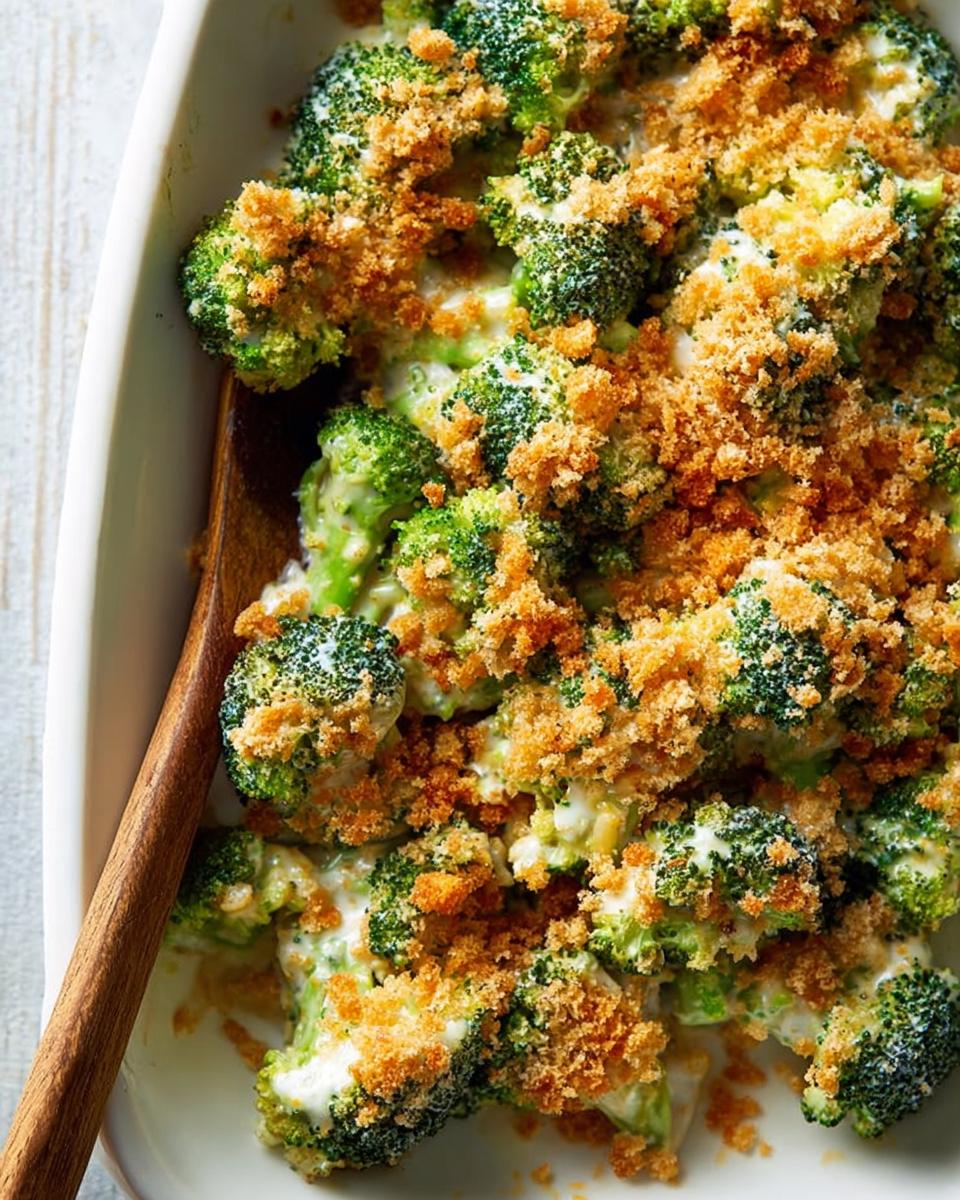 Close-up of a creamy broccoli casserole topped with golden breadcrumbs, a perfect veggie side dish.