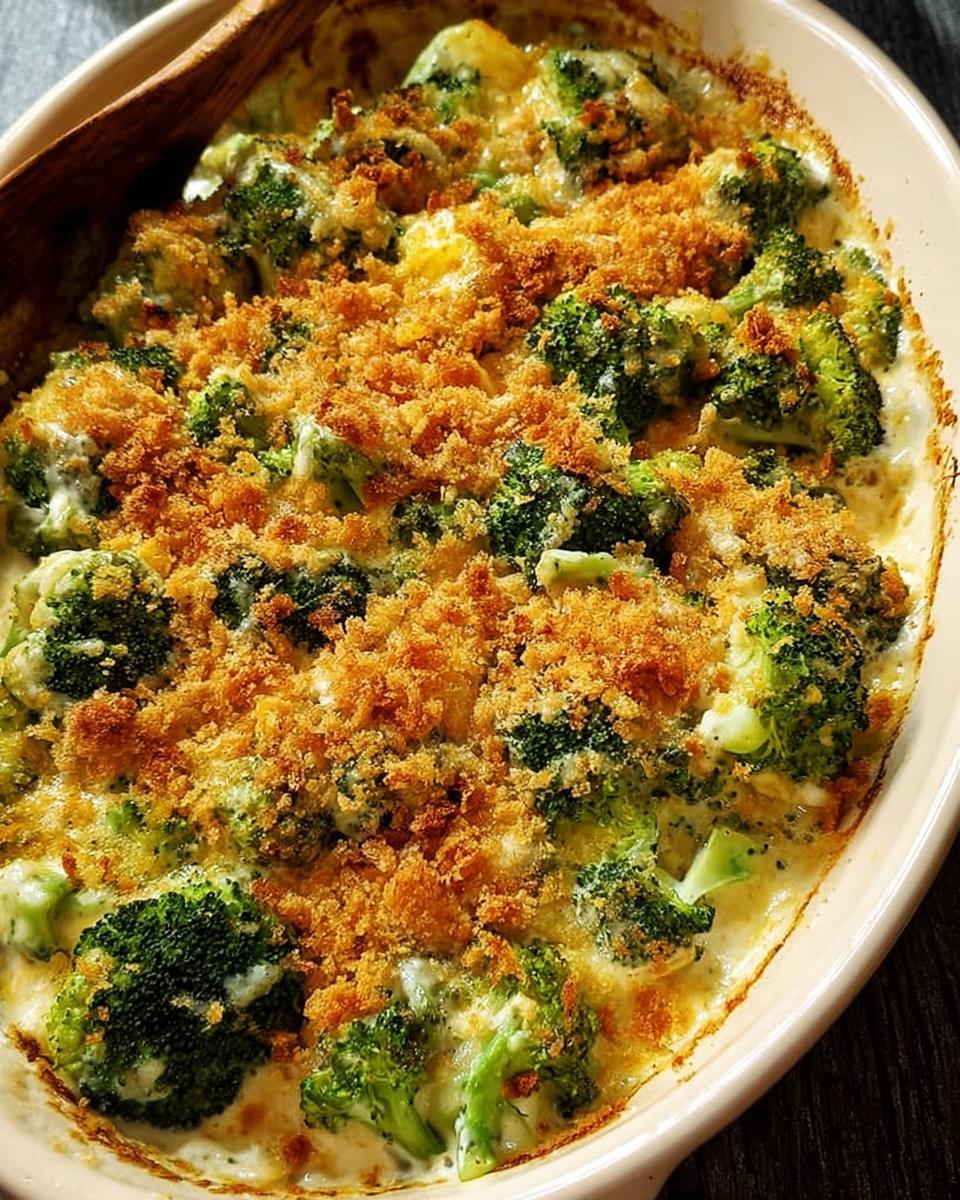 Close-up of a creamy broccoli casserole with a golden breadcrumb topping, a perfect veggie side dish.