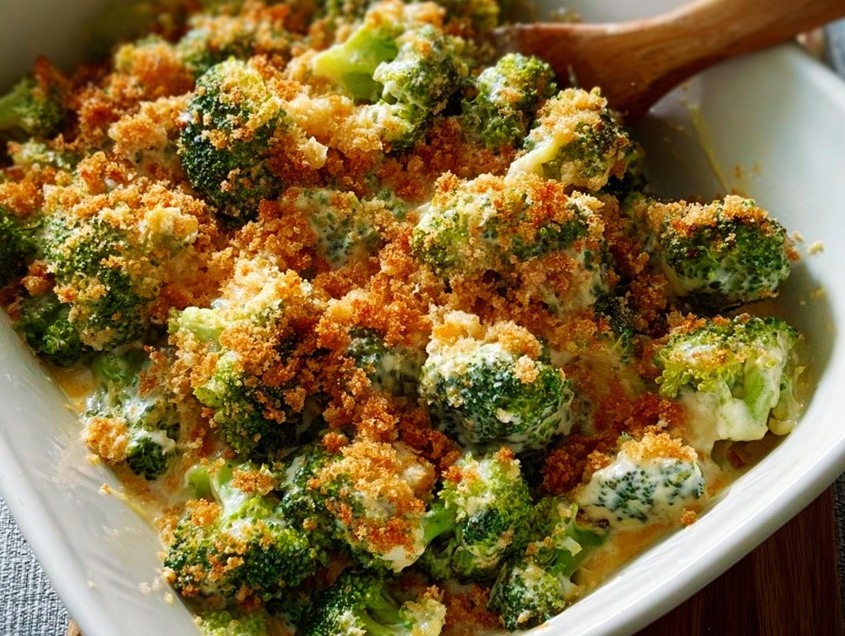 Close-up of a creamy broccoli casserole with a golden breadcrumb topping, a perfect veggie side dish.