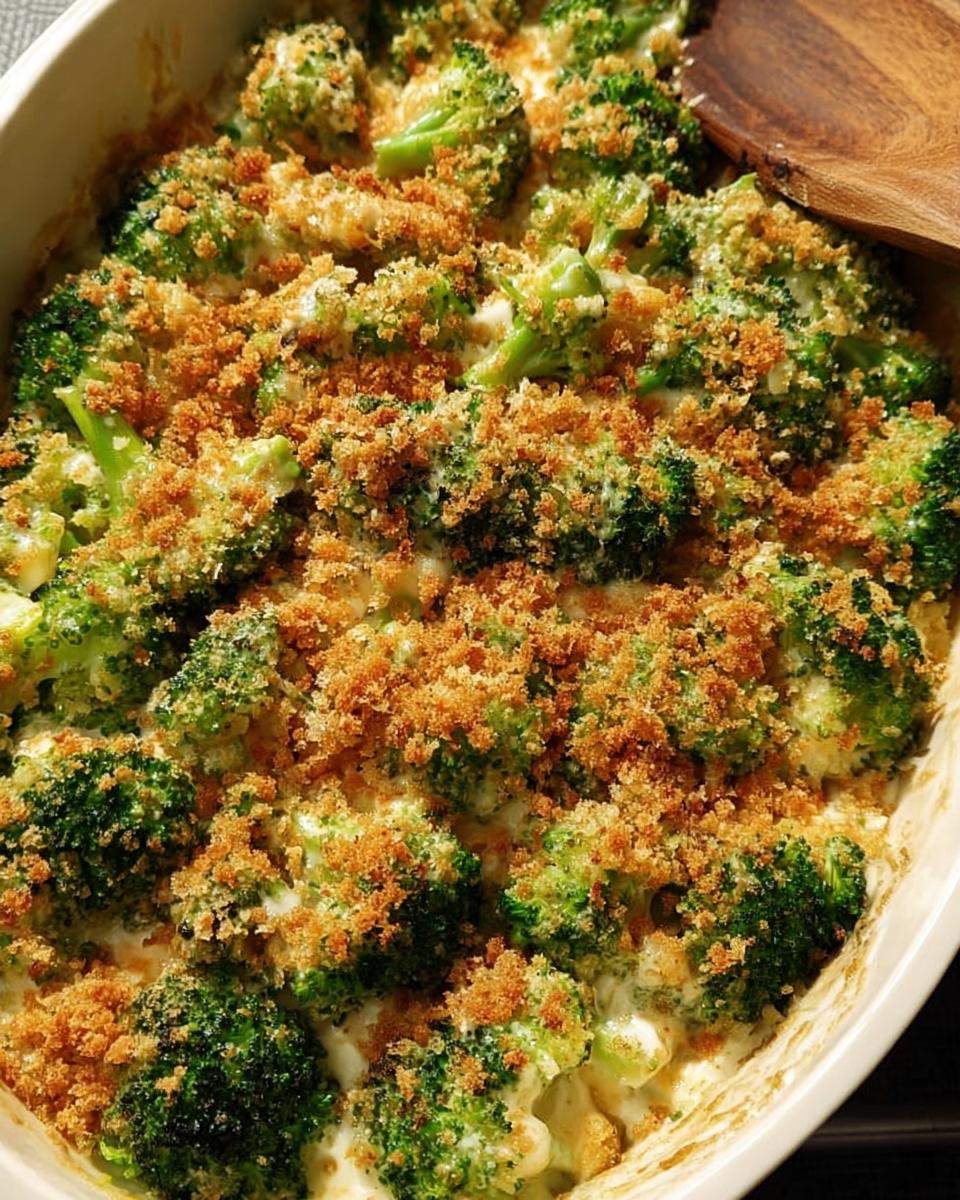 Close-up of a creamy broccoli casserole with a crunchy breadcrumb topping, perfect for veggie sides.