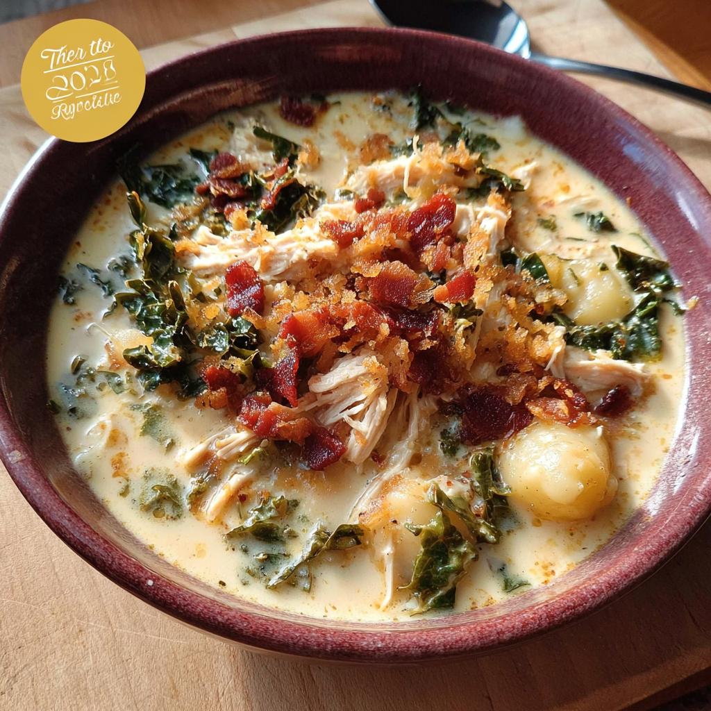 A bowl of creamy chicken and gnocchi soup topped with crispy bacon and breadcrumbs, part of The Only Soup Recipes Recipe You’ll Need.