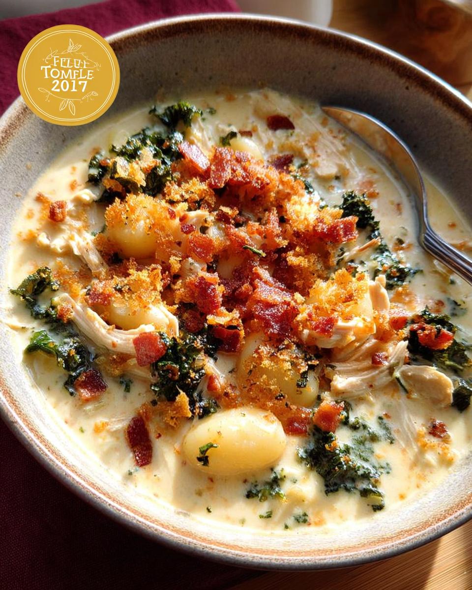 Close-up of a bowl of creamy chicken and gnocchi soup with kale and bacon, part of The Only Soup Recipes Recipe You’ll Need.